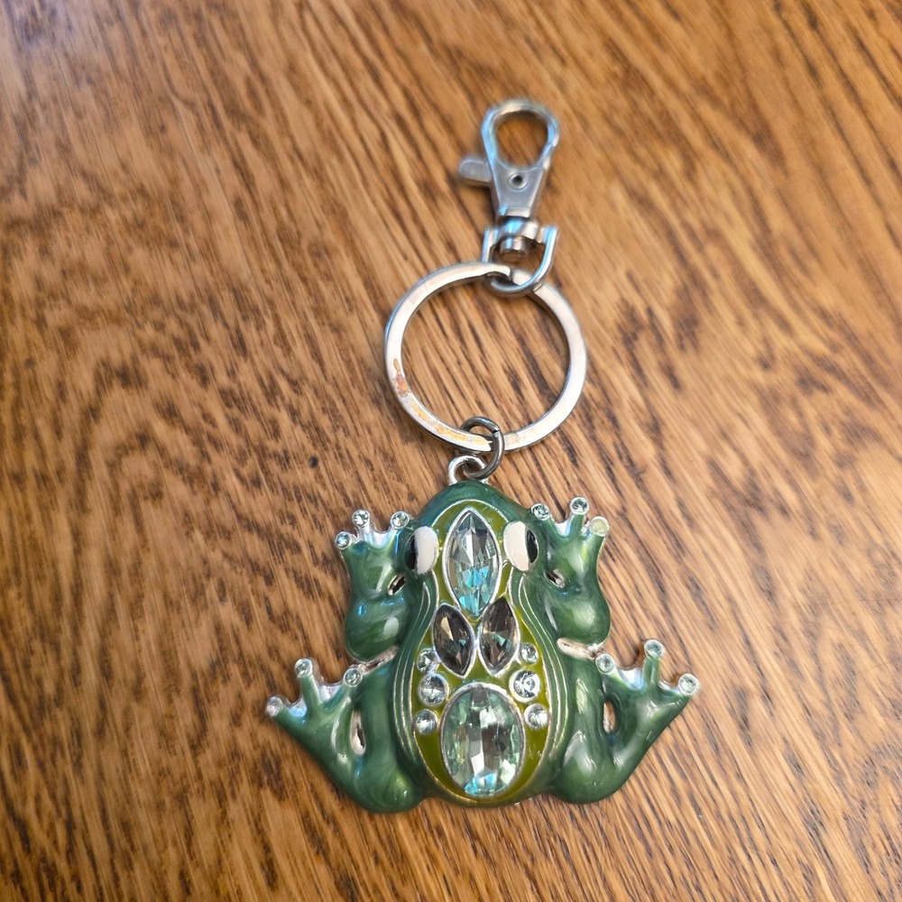 Green Enamel Frog Keychain Crystal Rhinestone Bag Charm Silver Tone Whimsical